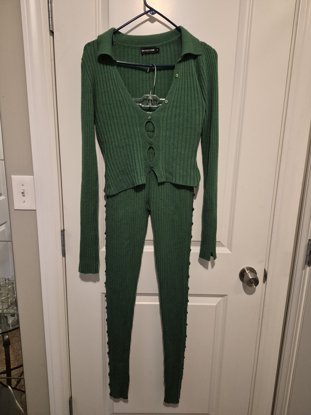 PrettyLittleThing Green Ribbed Knit Button-Up Top & High-Waist Leggings Set